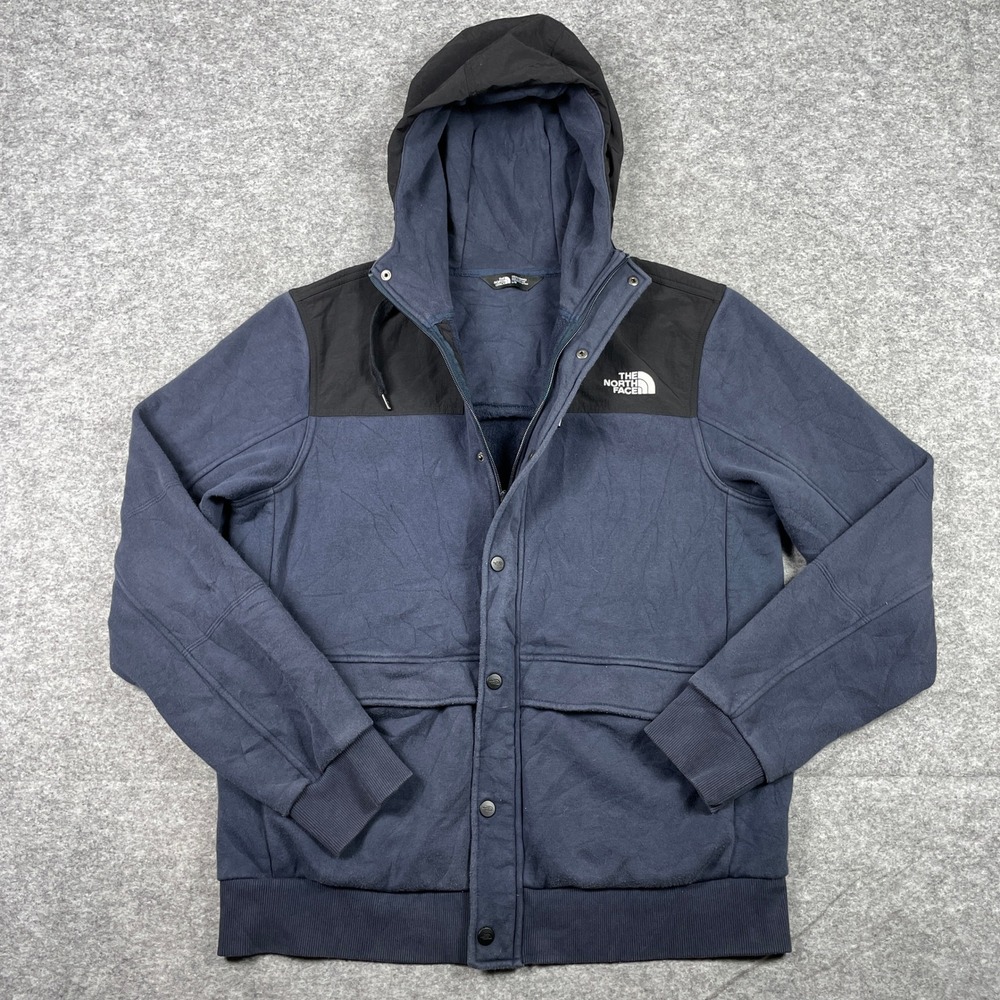 The North Face Hooded Jacket Mens L Blue Black Full Zip Snap Front Fleece